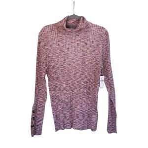 Anthropologie Ribbed Knit Marled Turtleneck Button Cuffs Pink Sweater NWT Sz XL